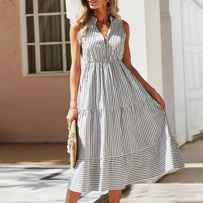 Sommer-Damenkleid mit V-Ausschnitt, elastischer Taille, gestreift, ärmellos