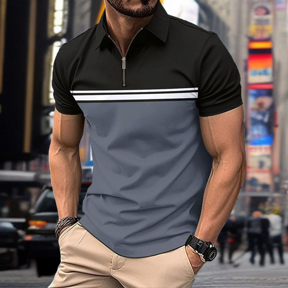 Neues Herren-Poloshirt mit Farbblock-Reißverschluss und kurzen Ärmeln