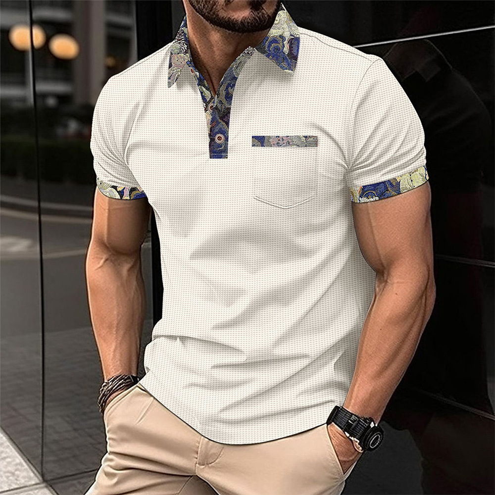 Sommer-Herren-Poloshirt mit Waffel-Farbblock und Taschen, kurzärmelig