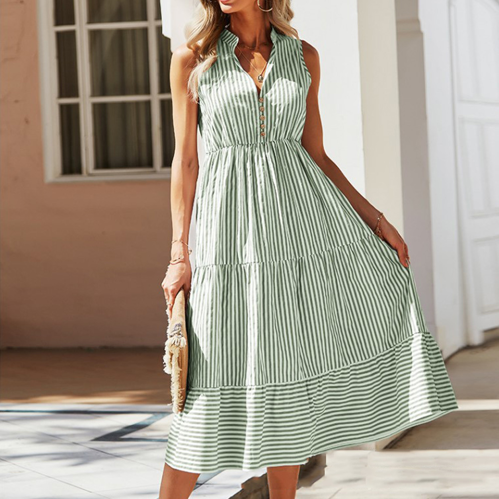 Gentlemenmode™ Sommer-Damenkleid mit V-Ausschnitt, elastischer Taille, gestreift, ärmellos