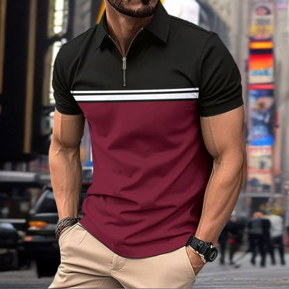 Gentlemenmode™ Neues Herren-Poloshirt mit Farbblock-Reißverschluss und kurzen Ärmeln