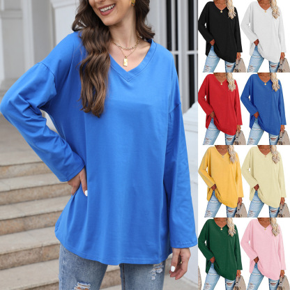 Gentlemenmode™ Damen-T-Shirt mit V-Ausschnitt, langärmlig, einfarbig, lockeres Baumwoll-T-Shirt