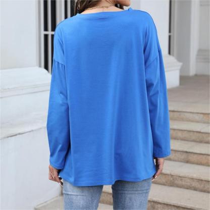 Gentlemenmode™ Damen-T-Shirt mit V-Ausschnitt, langärmlig, einfarbig, lockeres Baumwoll-T-Shirt