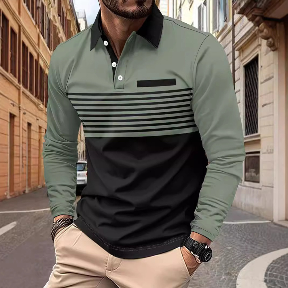 Gentlemenmode™ Polo a maniche lunghe con strisce a contrasto da uomo