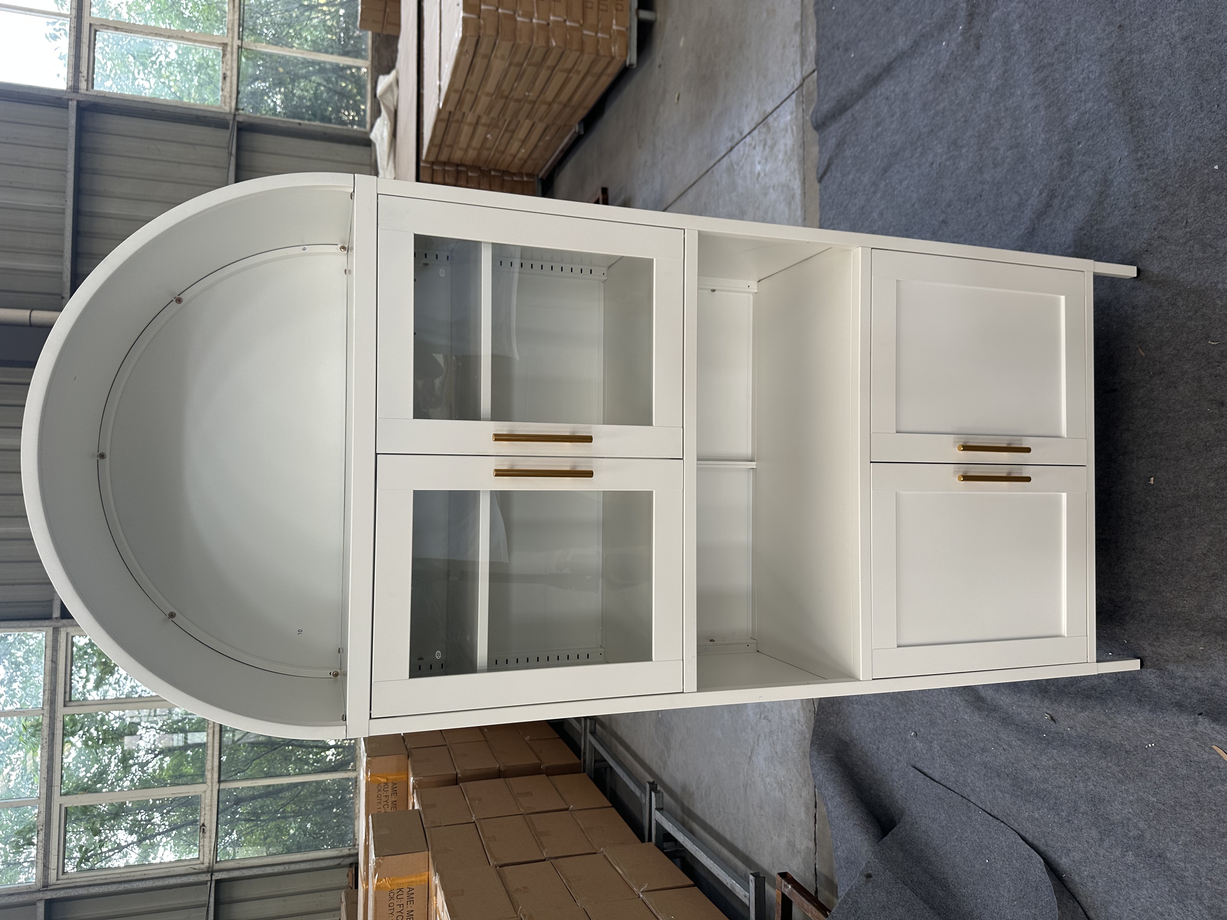 Arch hollow on glass under iron open cabinet white拱中空上玻下铁对开柜白