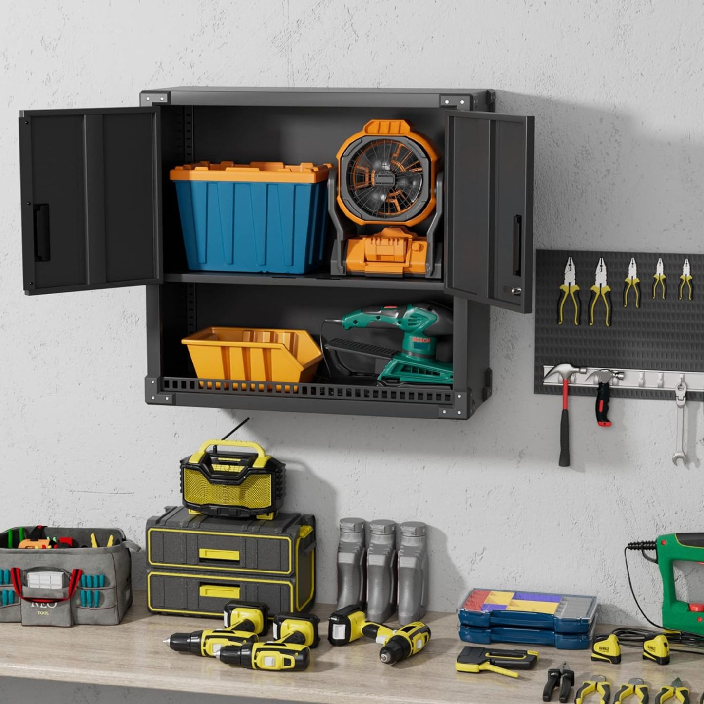 Greenvelly Metal Wall Storage Cabinet with Locking Door and 1 Shelf 1 Opened Drawer, Black Wall-Mounted Storage Cabinet for Garage,Office,Warehouse, Assembly Required