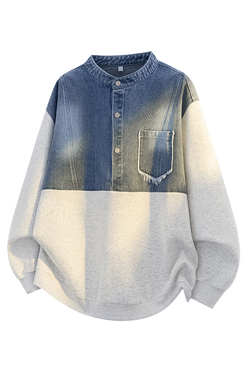 Men's Long Sleeve Sweatshirt with Denim Patchwork Design