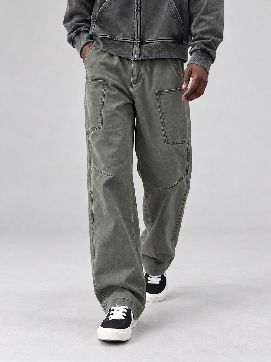 Men's Autumn 100% Cotton Vintage-Washed Multi-Pocket Straight-Leg Trousers