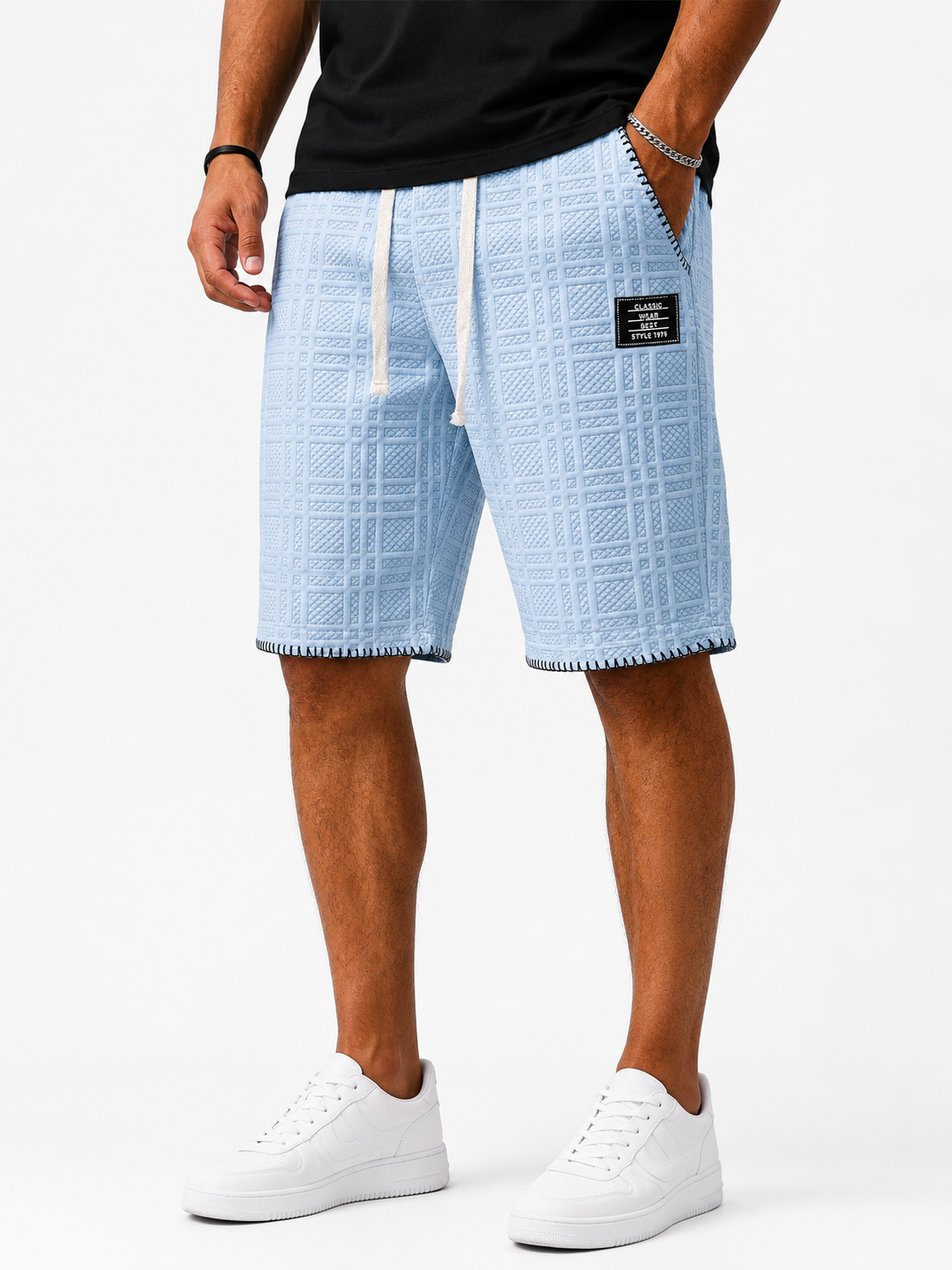 Jacquard Plaid Textured Embroidered Logo Casual Shorts