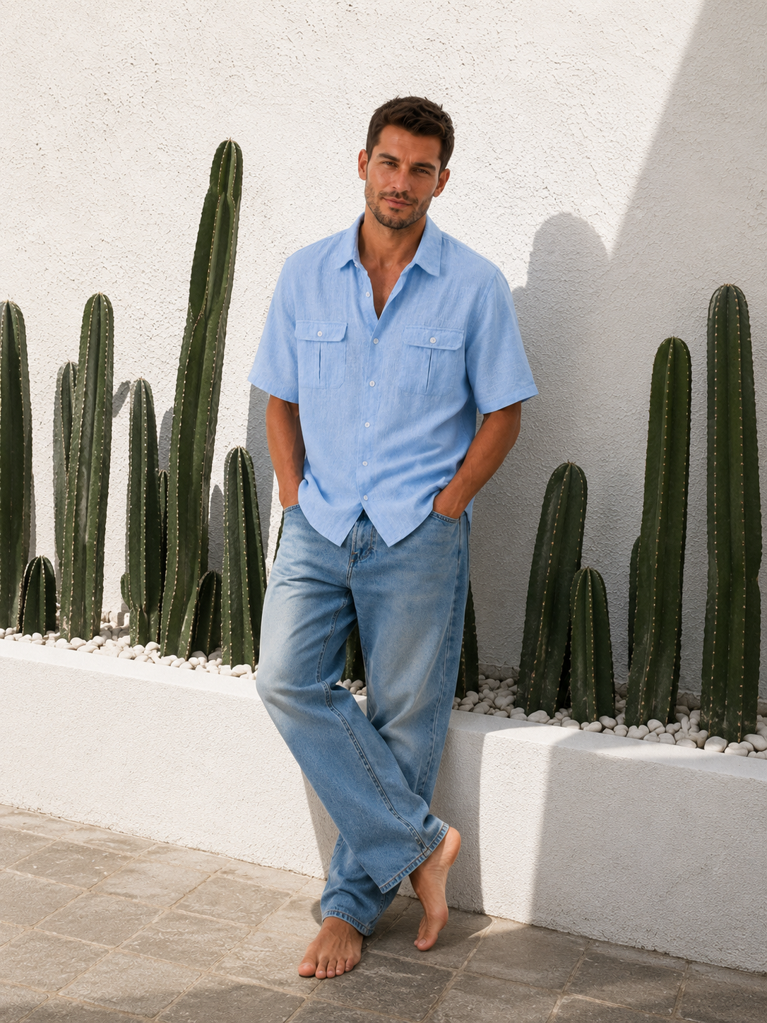 Men's Double Pocket Cotton Linen Casual Short Sleeve Shirt