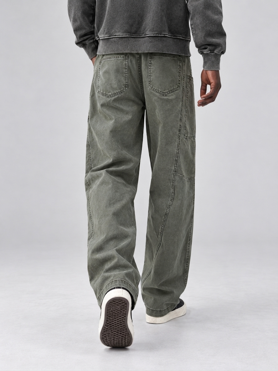 Men's Autumn 100% Cotton Vintage-Washed Multi-Pocket Straight-Leg Trousers