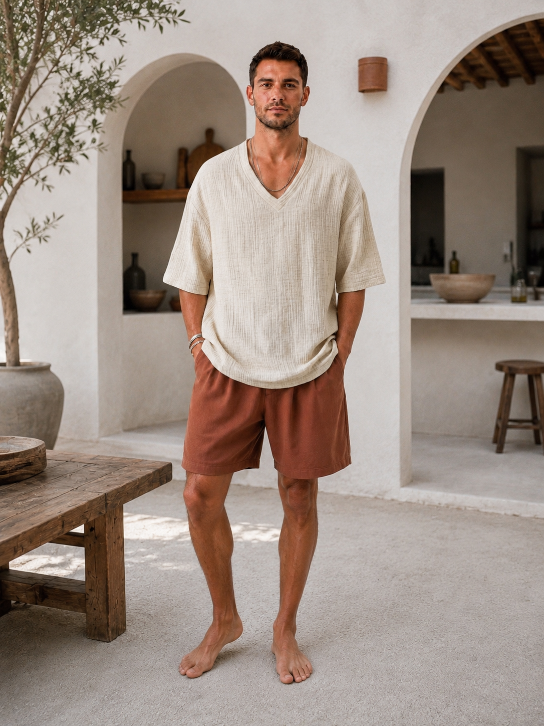 V-Neck Cotton Linen Textured Loose Fit Casual Short Sleeve Top
