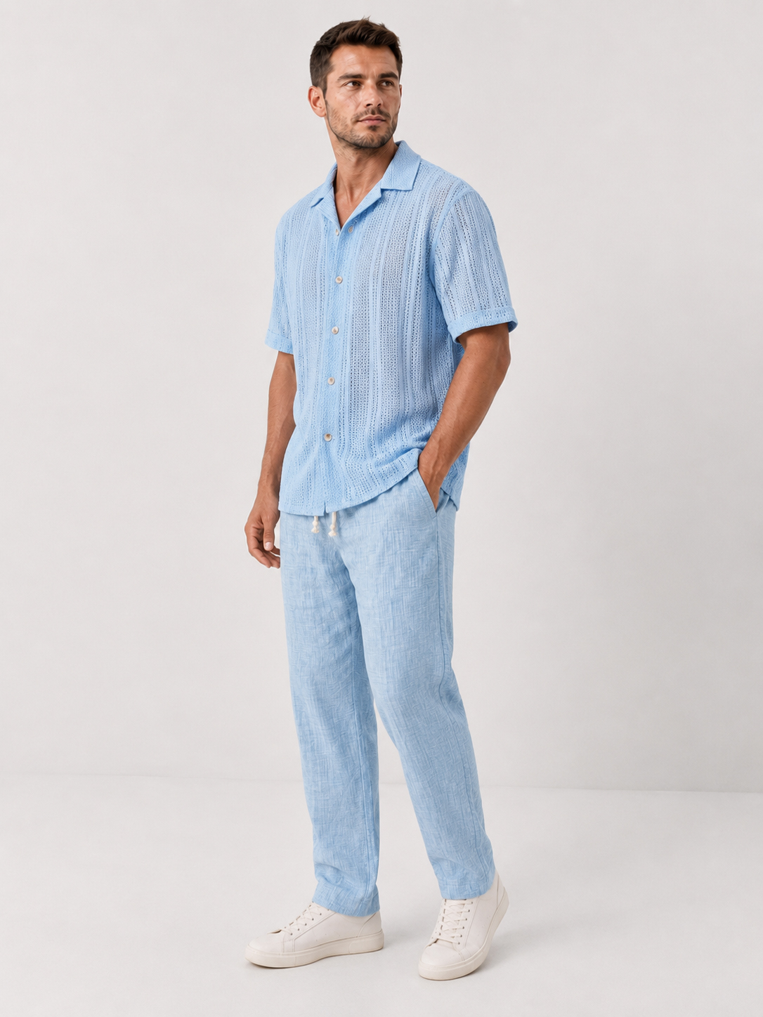 Open Knit Textured Cuban Collar Shirt