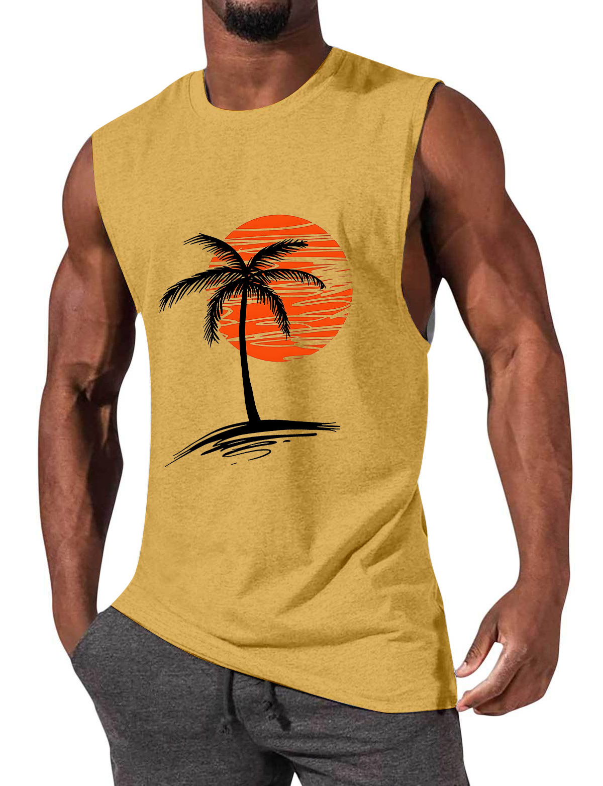 Men's Comfortable Solid Color Hawaiian Coconut Sleeveless Print T-shirt