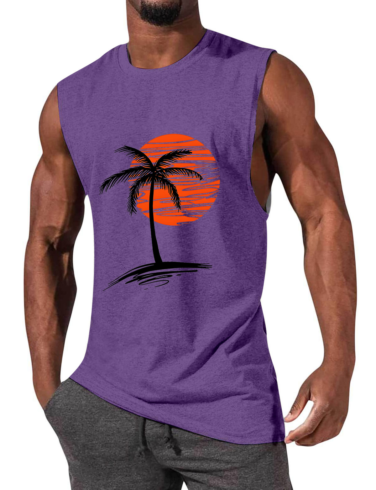Men's Comfortable Solid Color Hawaiian Coconut Sleeveless Print T-shirt