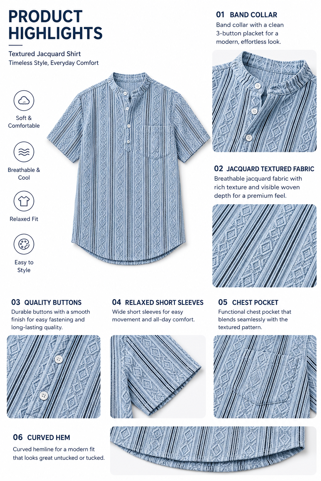 Men's Casual Jacquard Textured Breathable Short Sleeve Henley Shirt