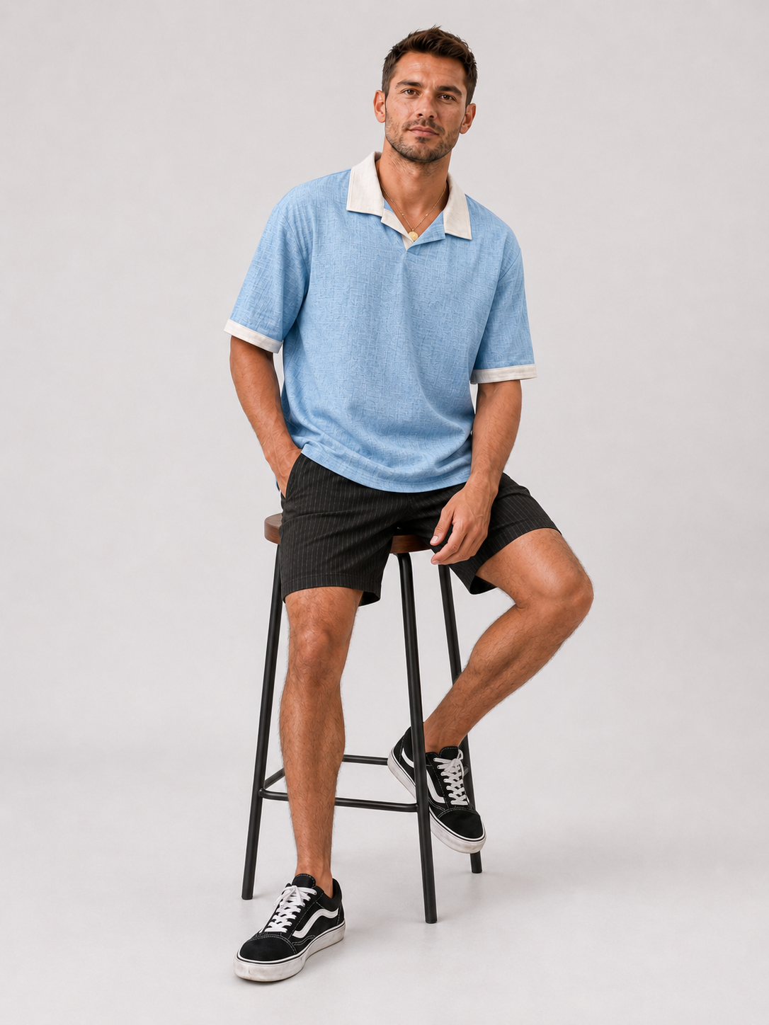 Men's Breathable Linen Color Block Pleated Resort Style Collared Shirt