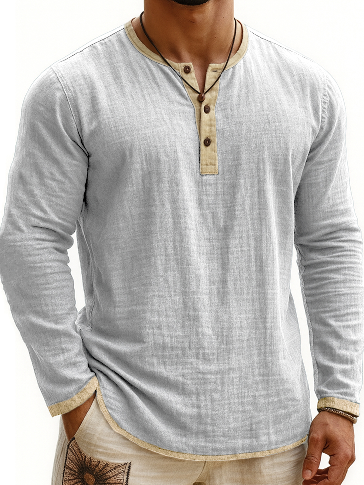 Men's Breathable Linen Vintage Contrast Casual Henley Shirt