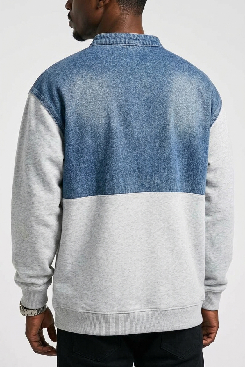 Men's Long Sleeve Sweatshirt with Denim Patchwork Design