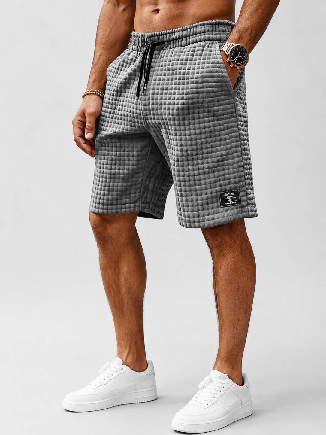 Men's Retro Waffle Embroidered Logo Casual Shorts