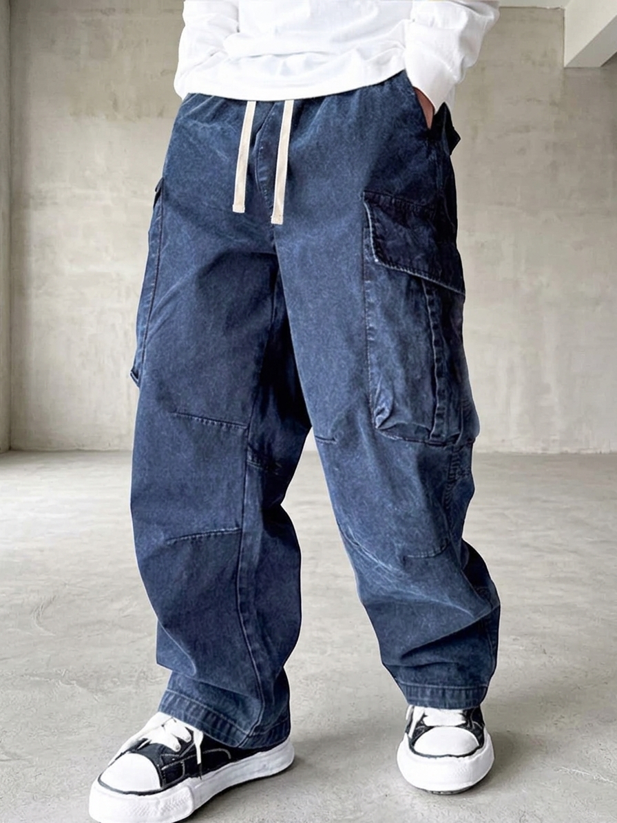 Men's Fall Washed Distressed Multi-Pocket Work Pants