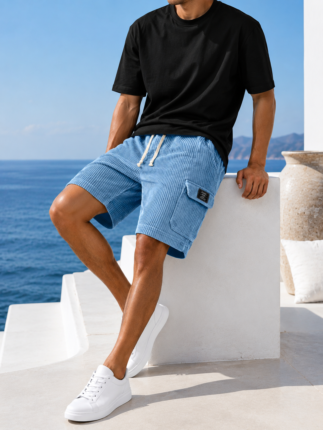 Men's Retro Embroidered Logo Corduroy Multi Pocket Cargo Shorts