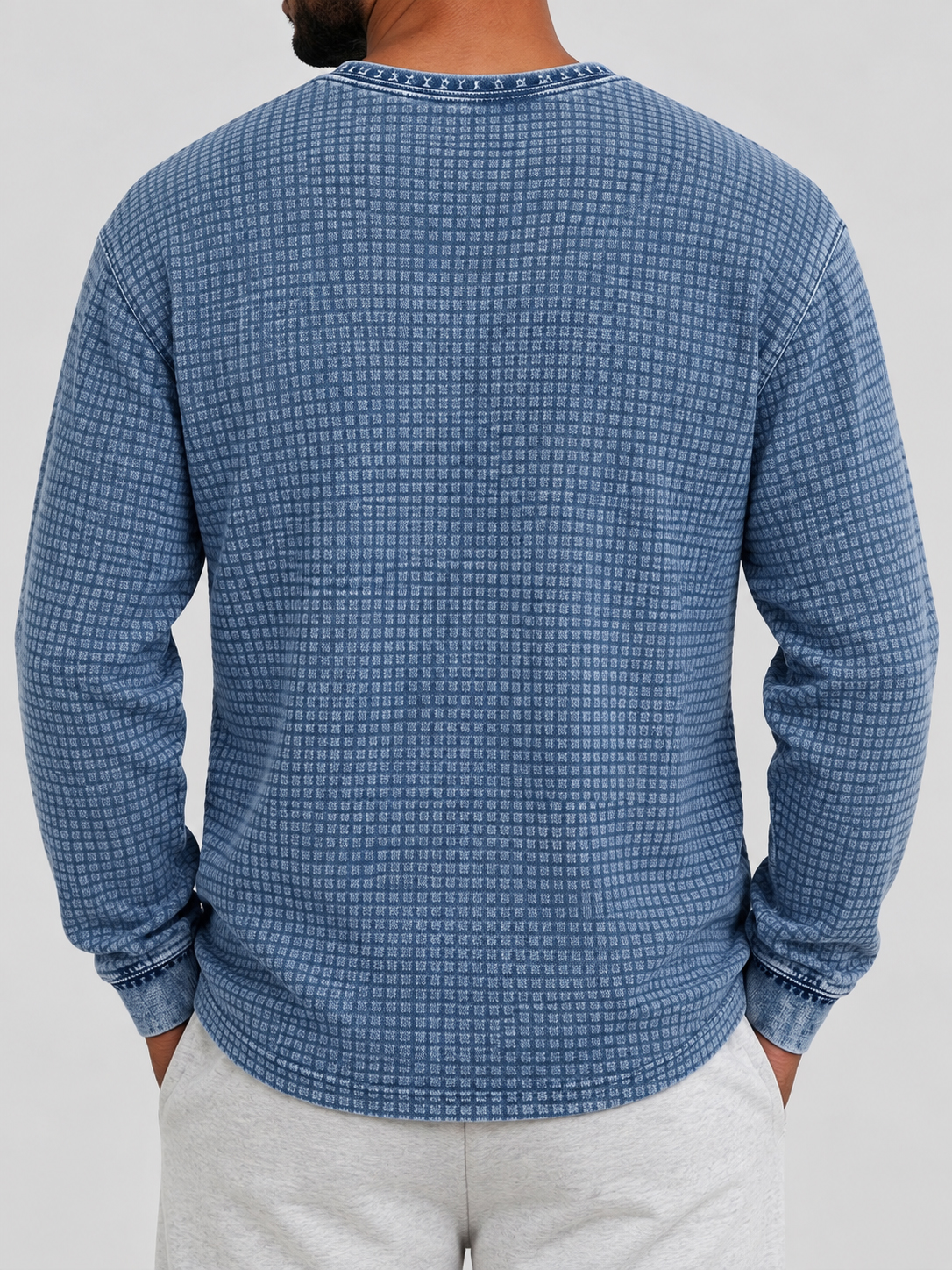 Men's Retro Distressed Waffle Knit Crew Neck Long-Sleeve T-Shirt