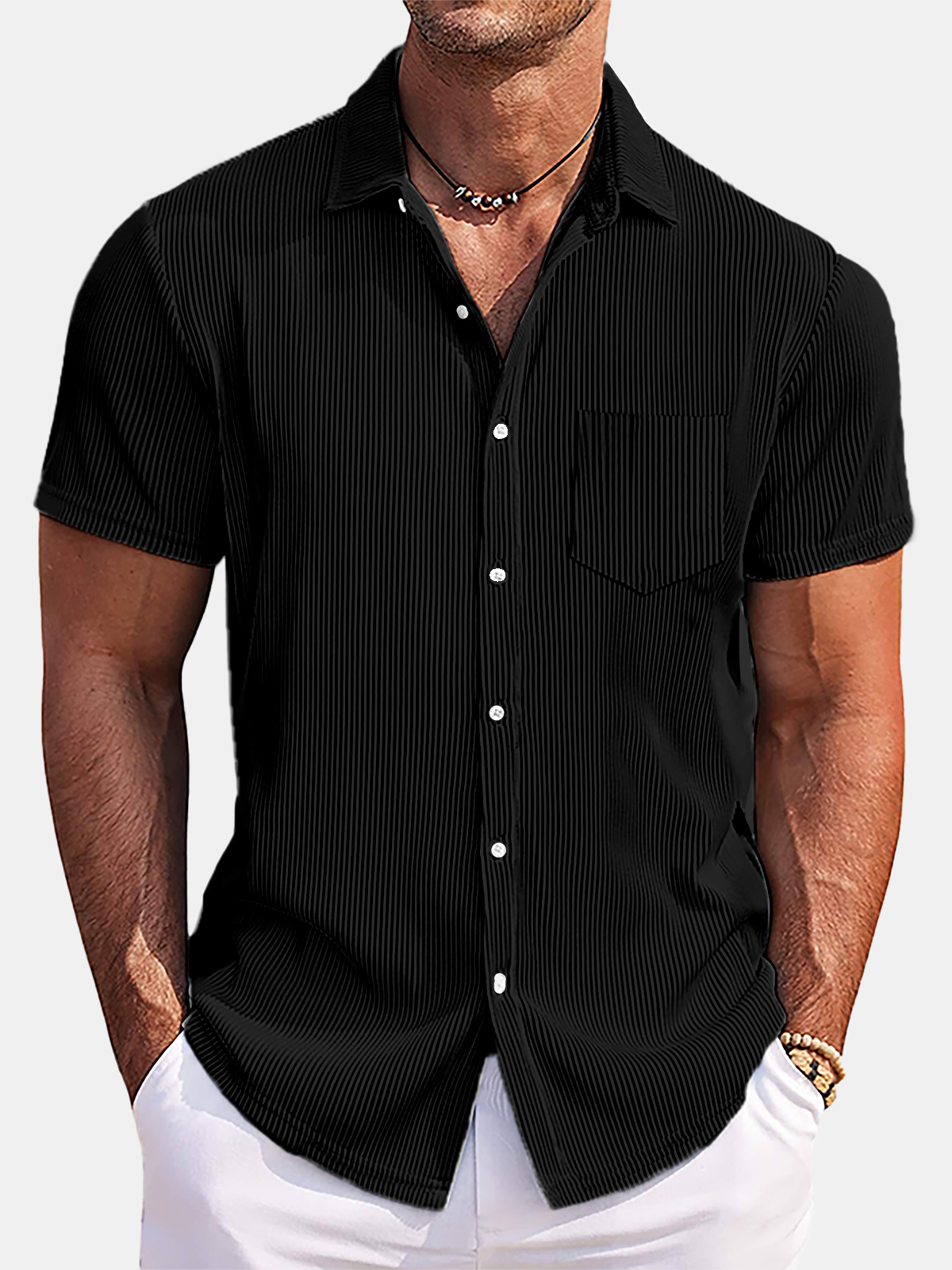 Men's Solid Color Loose And Comfortable Vertical Striped Short-sleeved Shirt