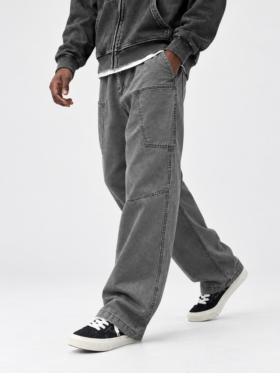 Men's Autumn 100% Cotton Vintage-Washed Multi-Pocket Straight-Leg Trousers
