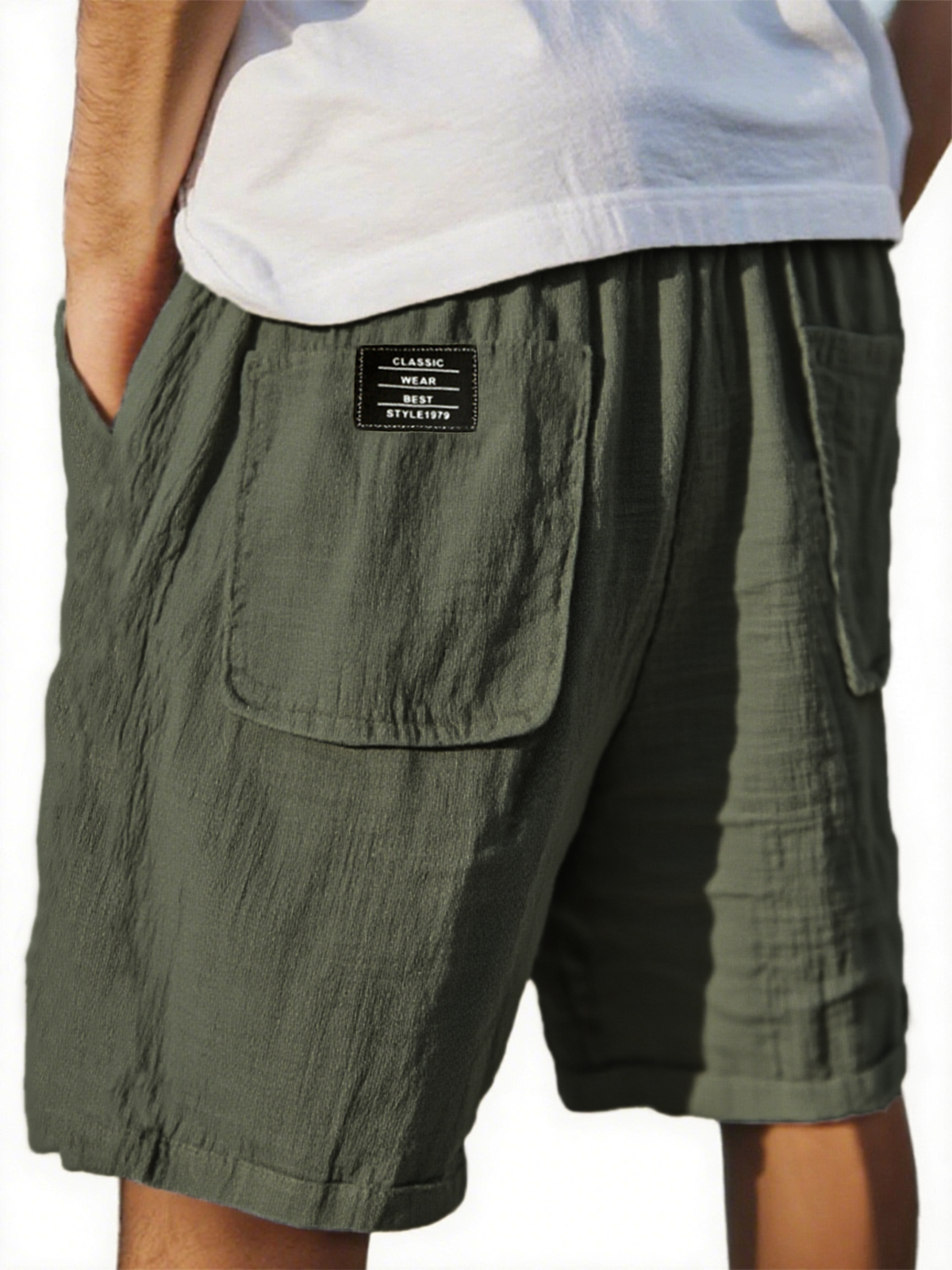 Men's Crinkled Linen Multi-Pocket Embroidered Label Comfort Shorts