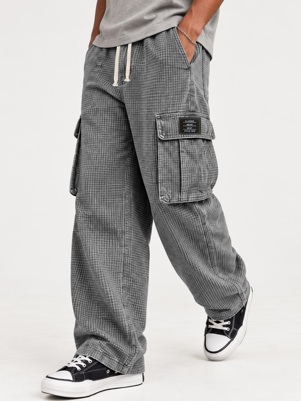 Men's Retro Distressed Washed Waffle Knit Autumn/Winter Cargo Pants