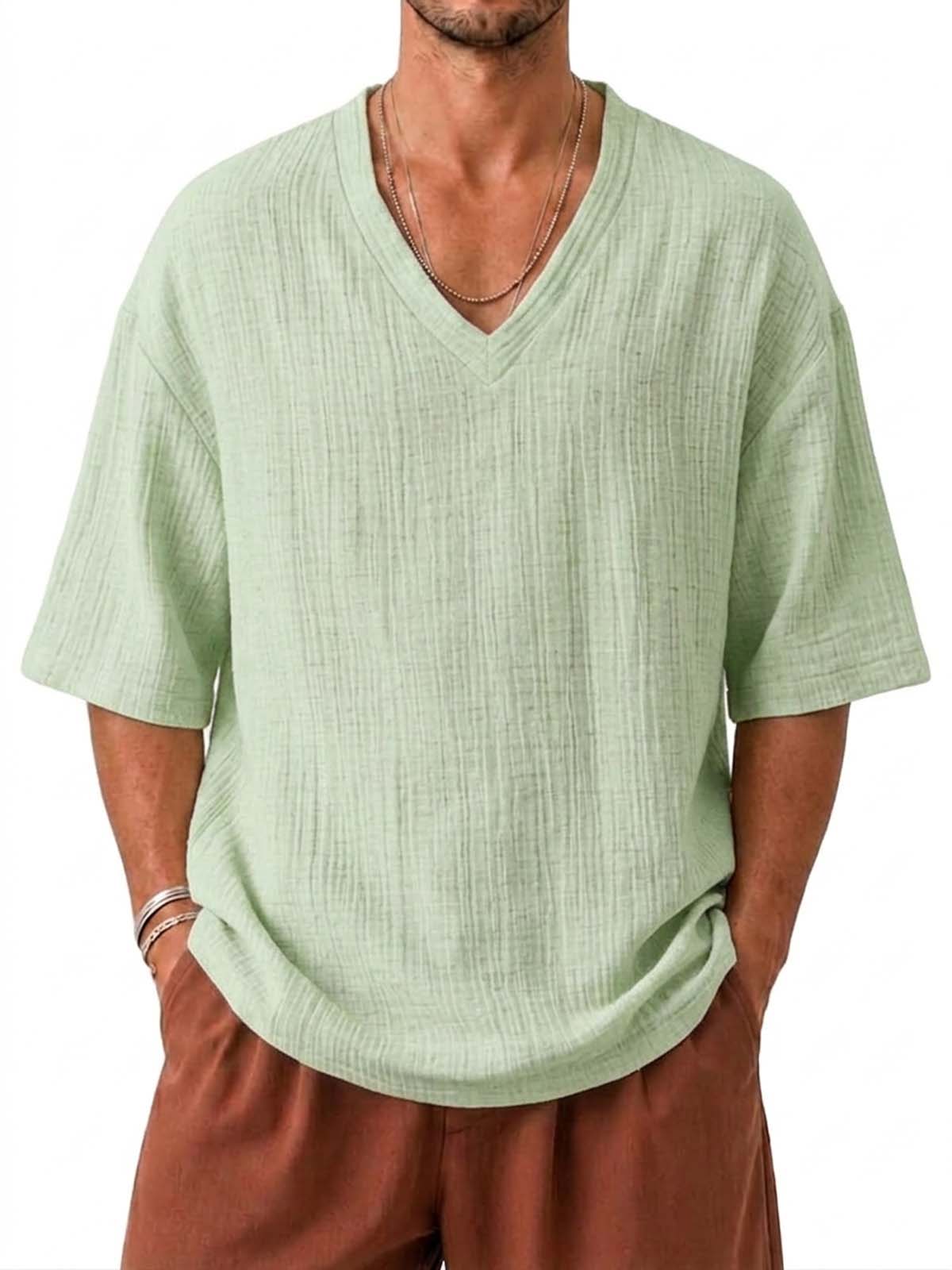 V-Neck Cotton Linen Textured Loose Fit Casual Short Sleeve Top