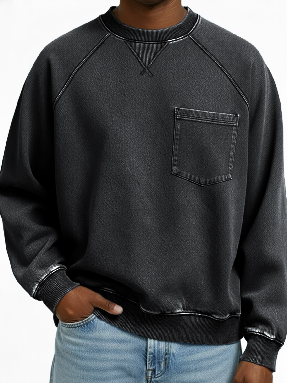 Men's Vintage Distressed Raglan Sleeve X-stitched Patchwork Pocket Crew Neck Pullover Sweatshirt