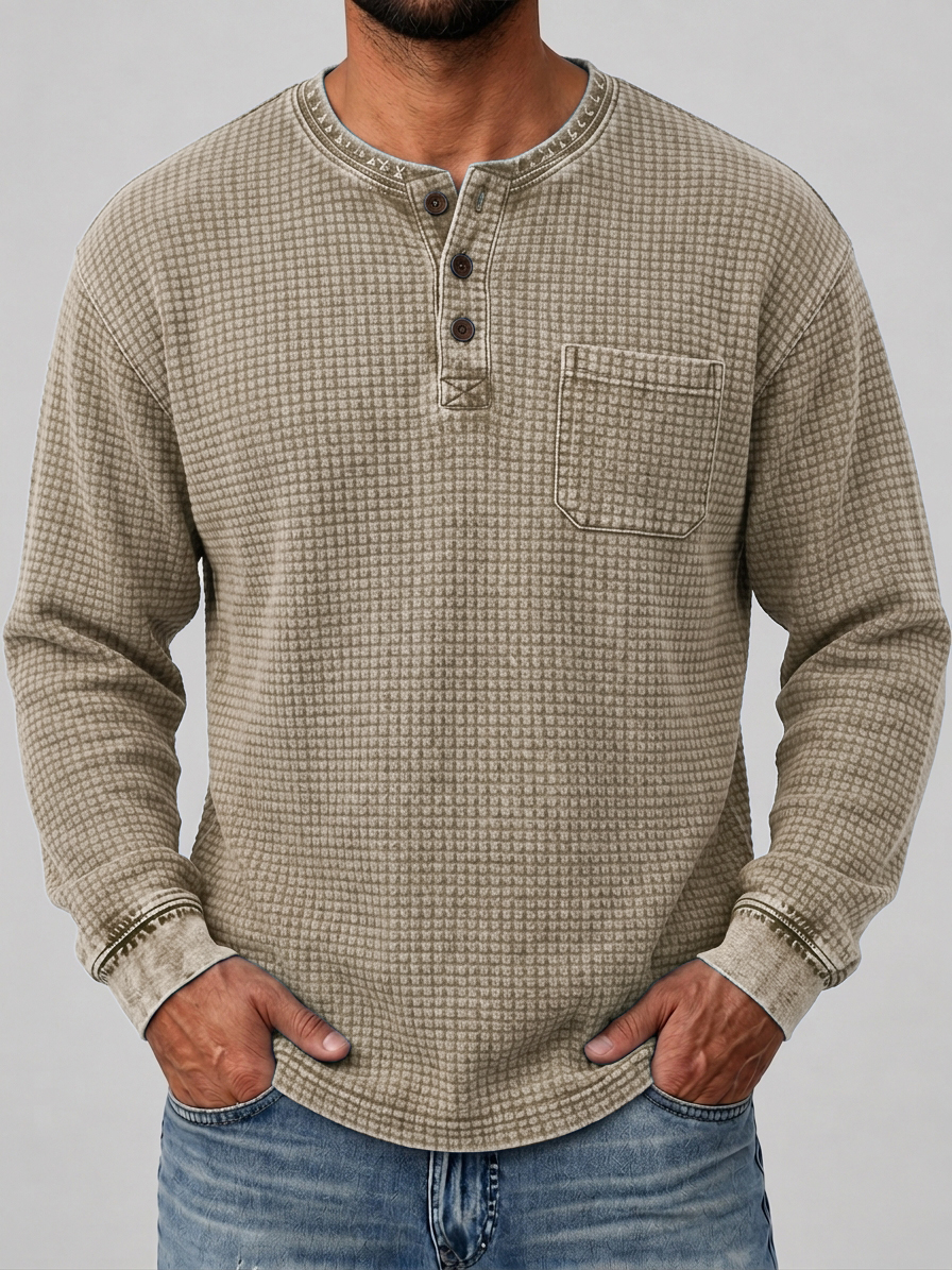 Men's Retro Distressed Waffle Knit Henley Shirt