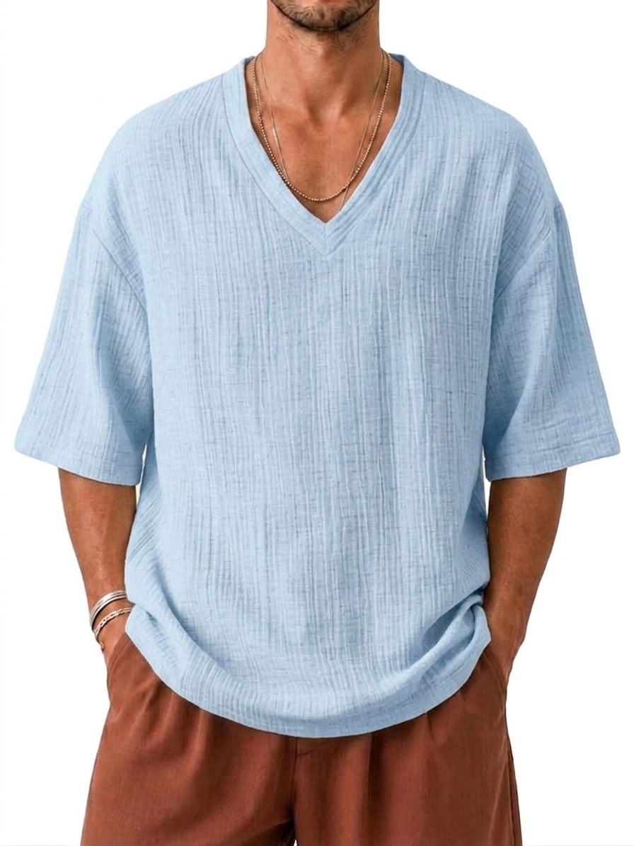 V-Neck Cotton Linen Textured Loose Fit Casual Short Sleeve Top