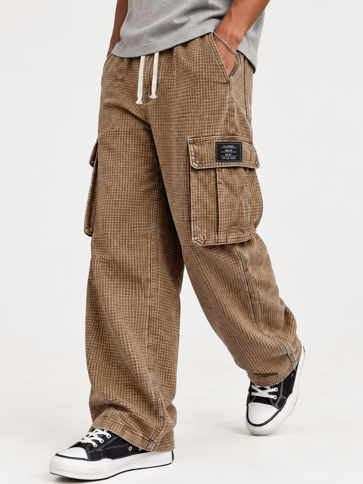 Men's Retro Distressed Washed Waffle Knit Autumn/Winter Cargo Pants