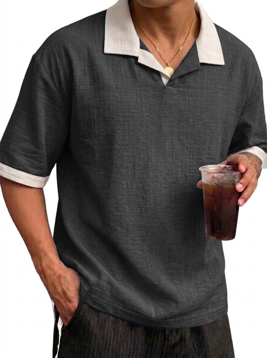 Men's Breathable Linen Color Block Pleated Resort Style Collared Shirt