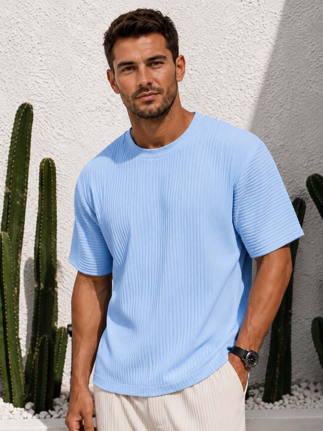 Men's Textured Ribbed Crew Neck T-Shirt