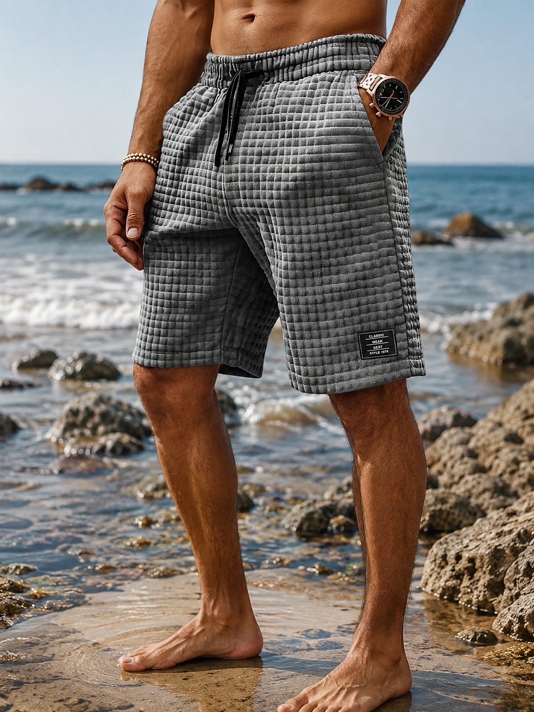 Men's Retro Waffle Embroidered Logo Casual Shorts