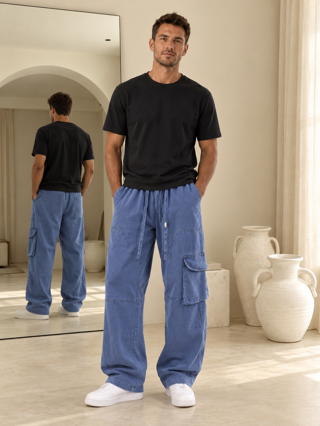 Men's 100% Cotton Washed and Distressed Autumn Cargo Pants