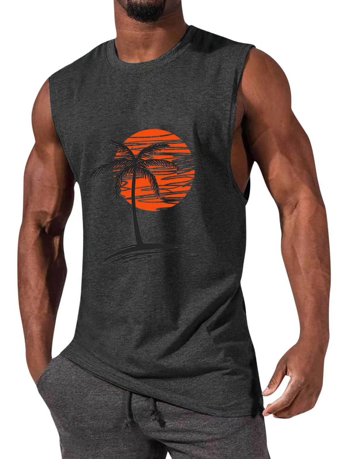 Men's Comfortable Solid Color Hawaiian Coconut Sleeveless Print T-shirt