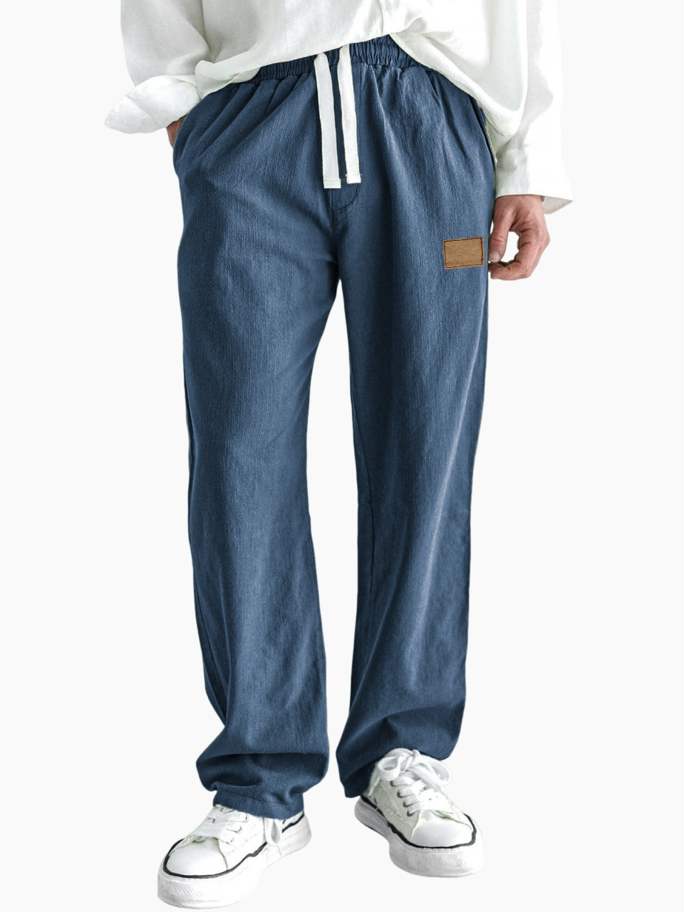 Men's Comfort Linen Embroidered Logo Casual Lace-Up Everyday Trousers with Side Pockets