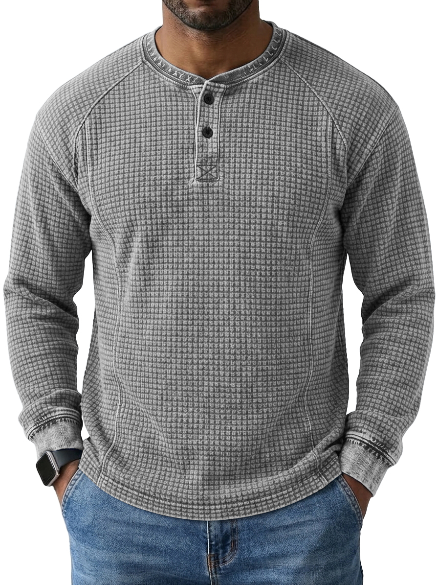 Men's Vintage Washed Distressed Waffle Knit Long-Sleeve Henley Shirt