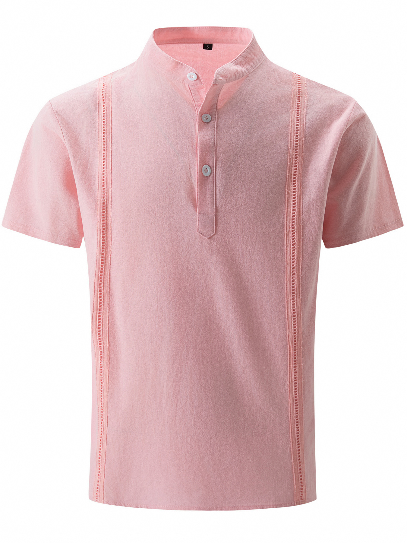 Men's Cotton Linen Henley Collar Solid Color Cuban Guayabera Short-Sleeve Shirt