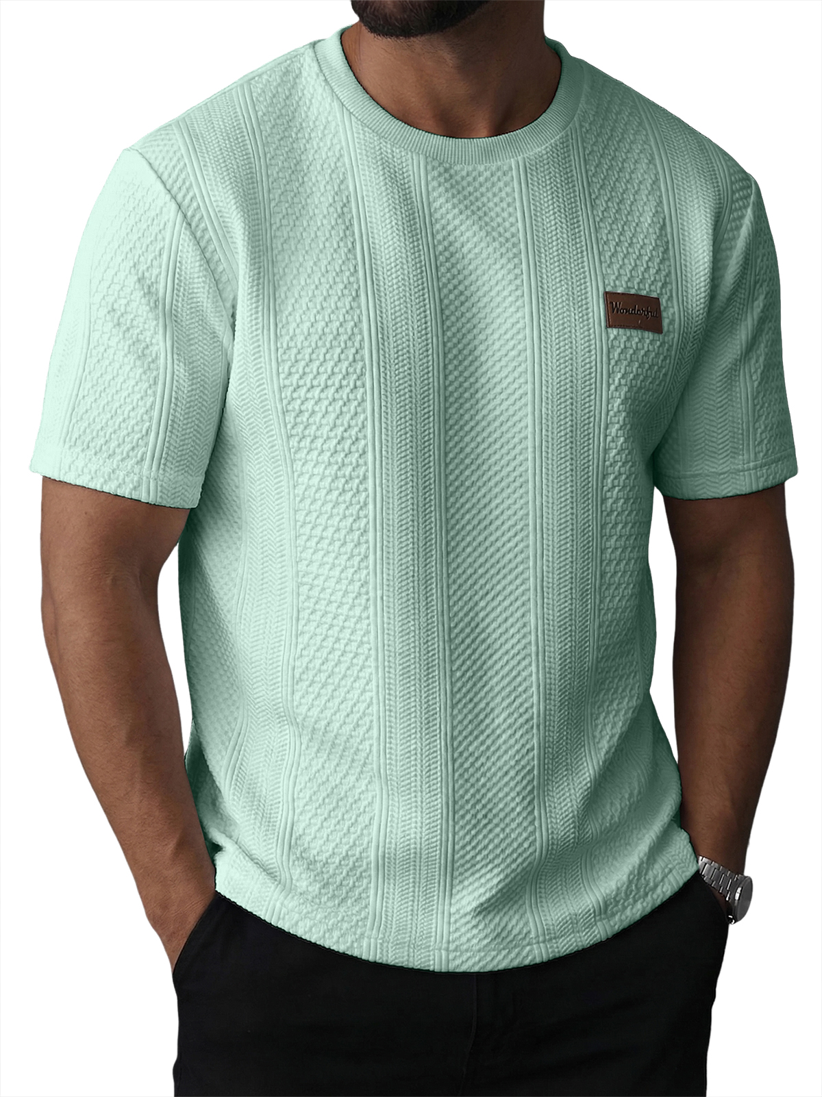Men's Striped Jacquard Textured Casual Crew Neck Short-Sleeve T-Shirt