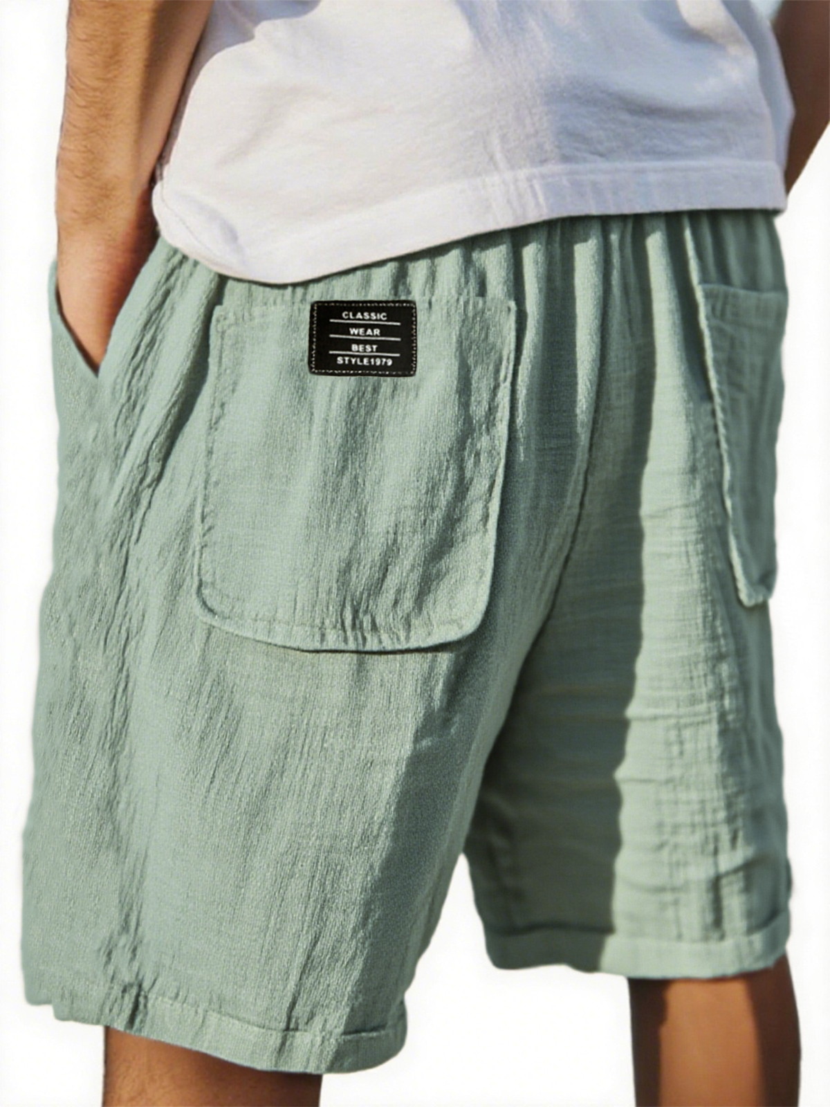 Men's Crinkled Linen Multi-Pocket Embroidered Label Comfort Shorts