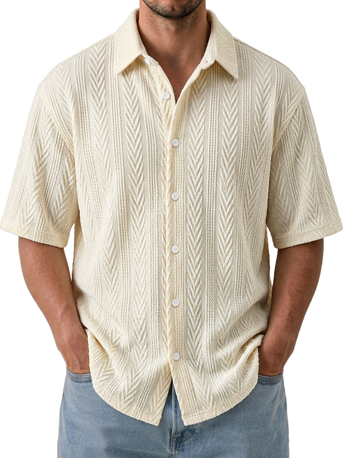 Men's Comfortable Casual Jacquard Wheat Ear Stripe Breathable Collared Short-Sleeve Shirt