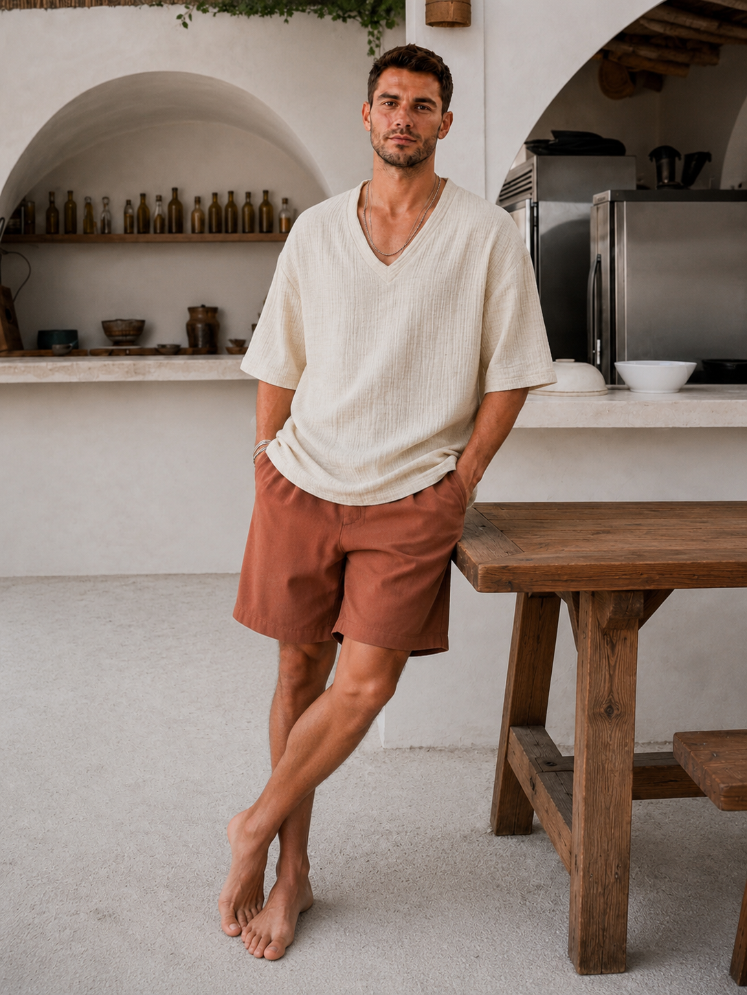 V-Neck Cotton Linen Textured Loose Fit Casual Short Sleeve Top