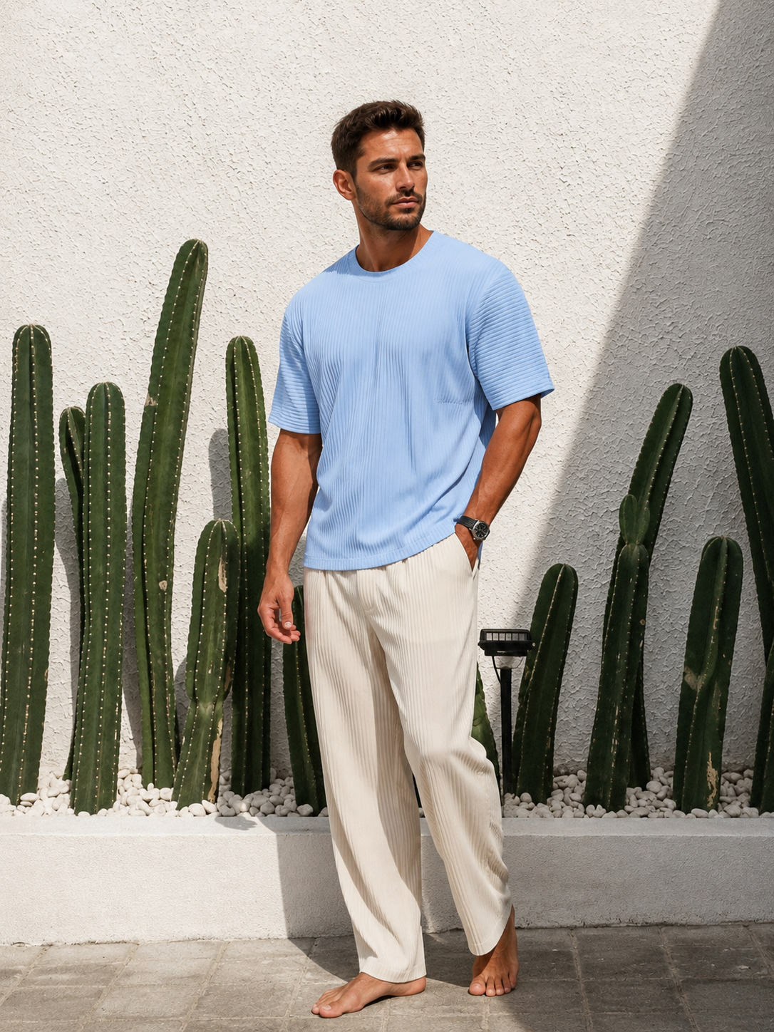 Men's Textured Ribbed Crew Neck T-Shirt