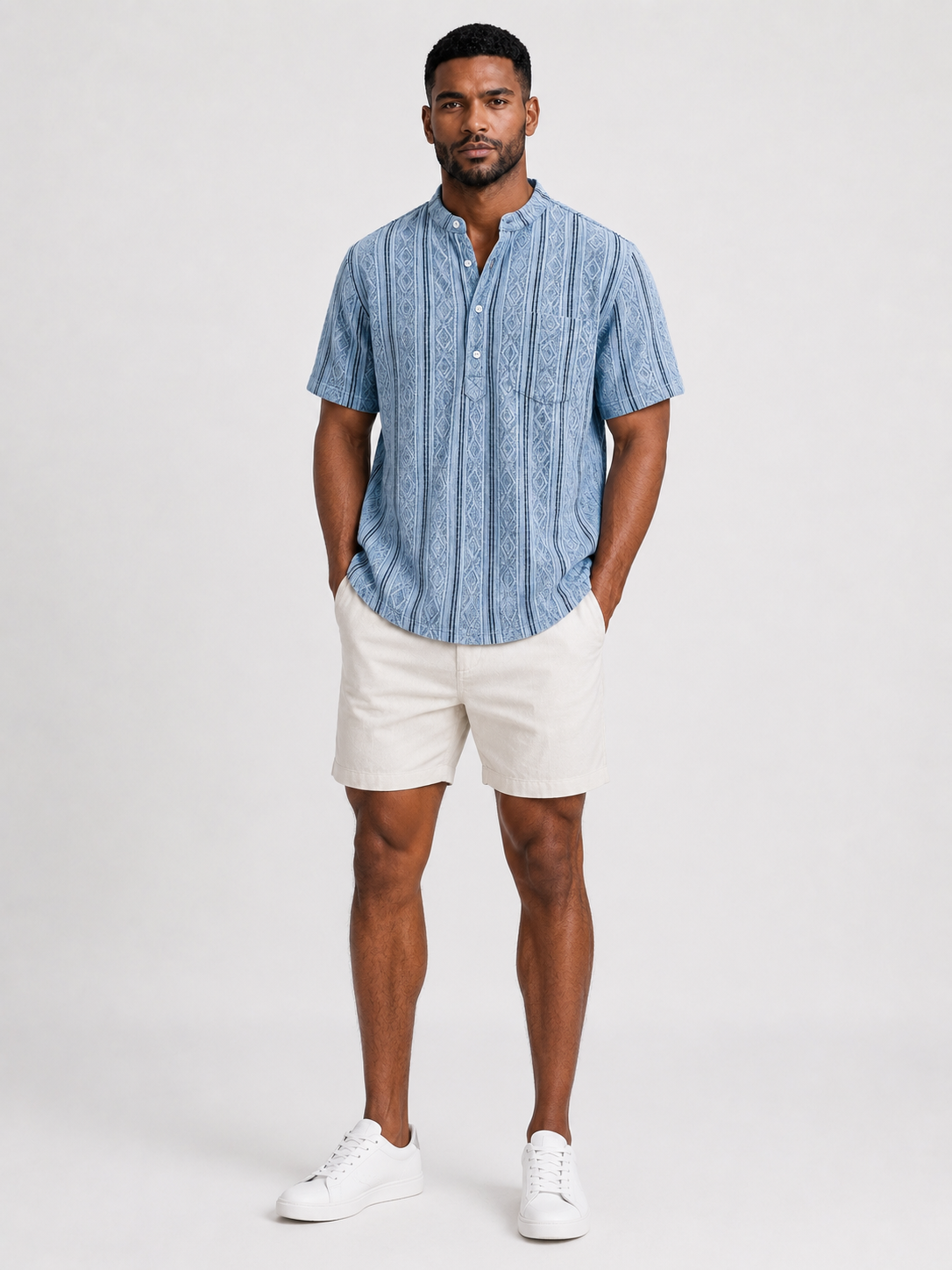 Men's Casual Jacquard Textured Breathable Short Sleeve Henley Shirt